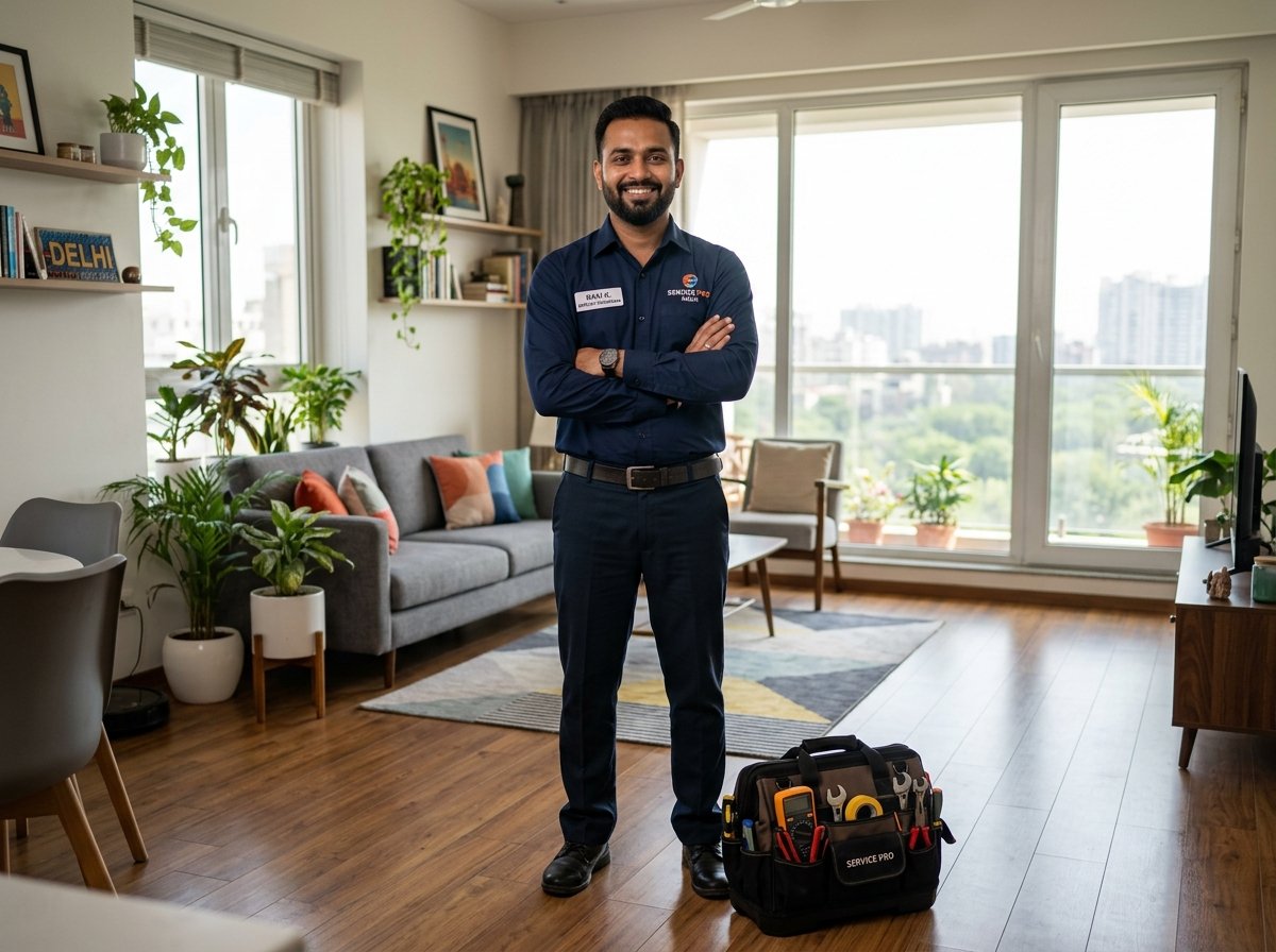Dedicated service technician standing in a modern Delhi NCR apartment