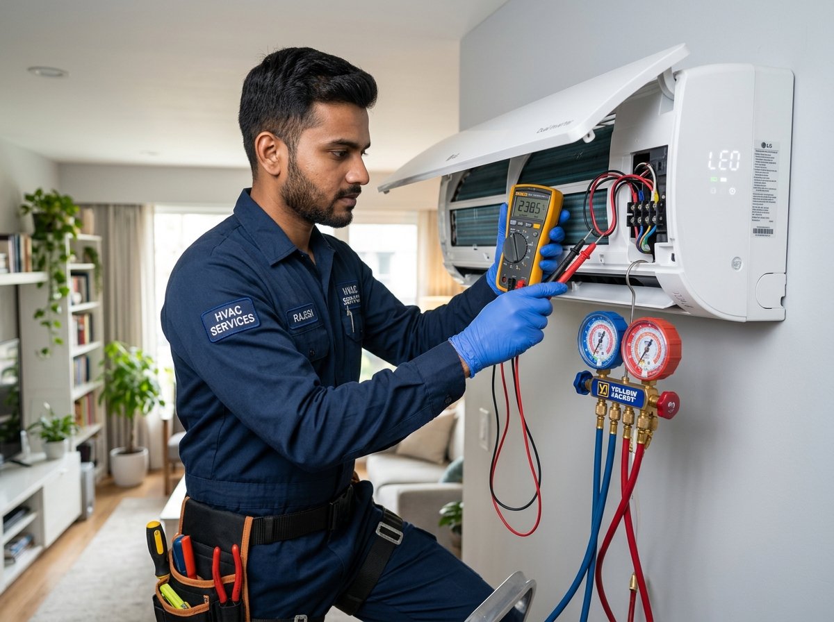 Technician checking AC electrical components with digital multimeter
