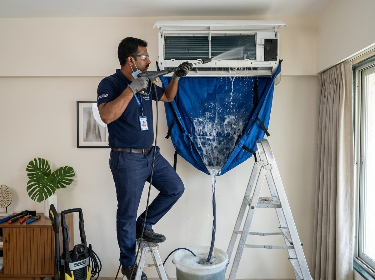 AC technician doing deep pressure jet pump cleaning on split AC indoor unit