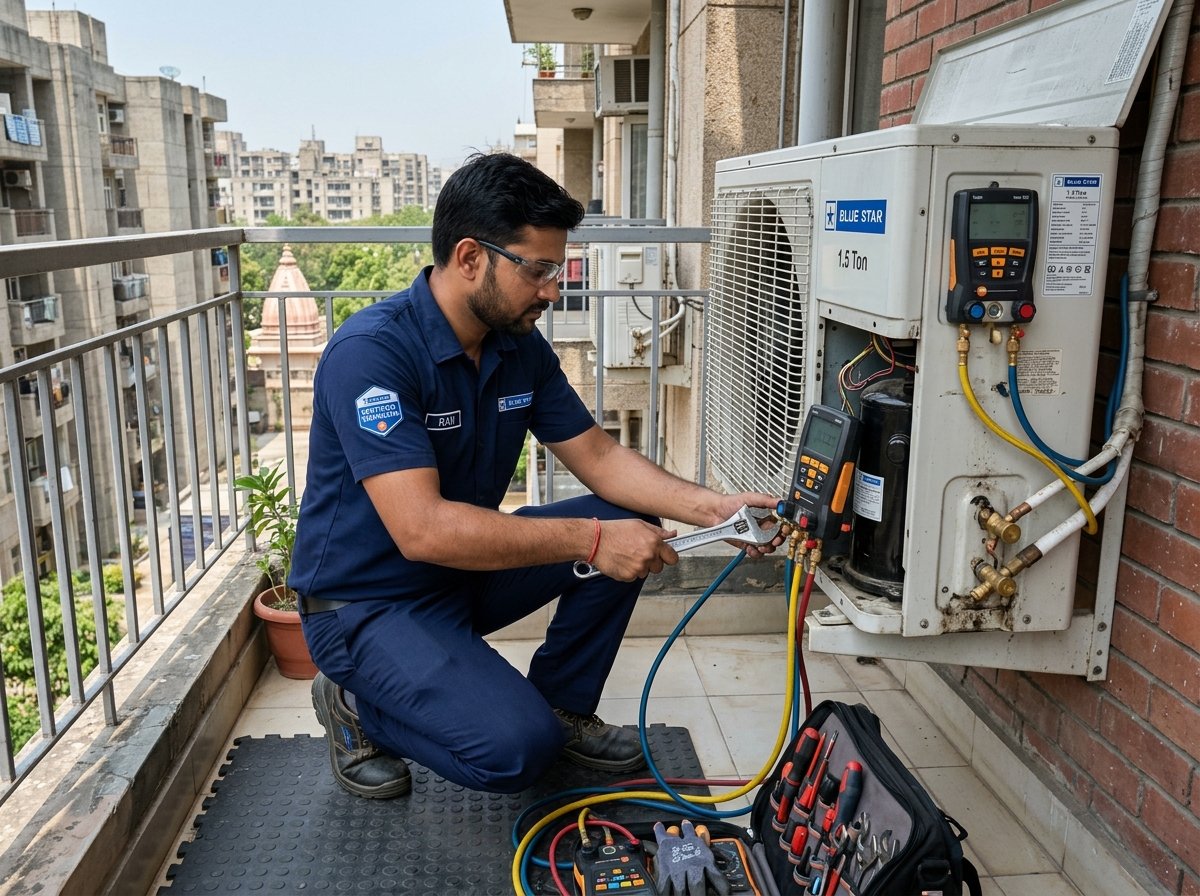 Technician repairing outdoor AC condenser unit with precision tools