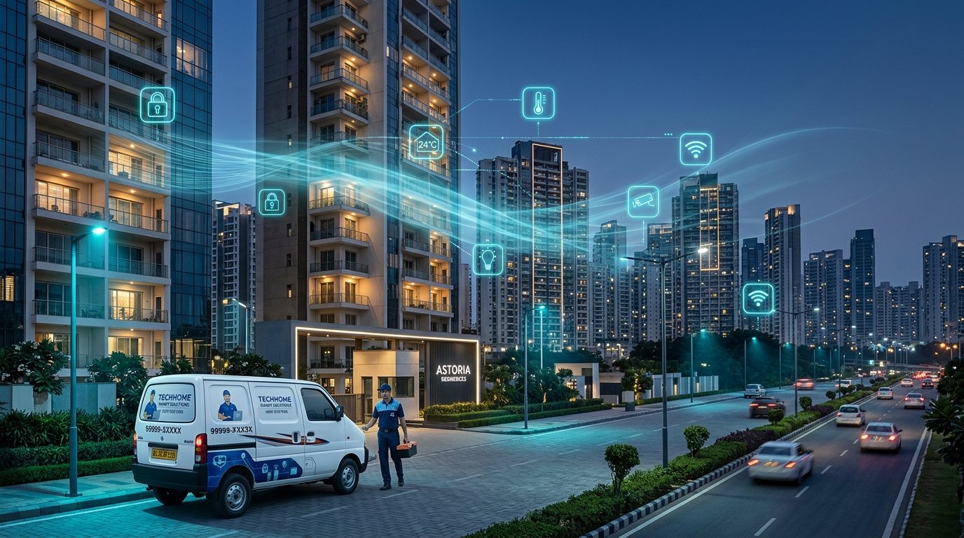 Service vehicle and modern residential skyline in Delhi NCR