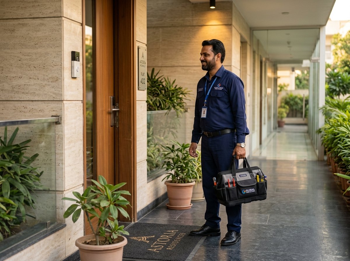 Technician arriving at apartment doorstep with tool bag for emergency service