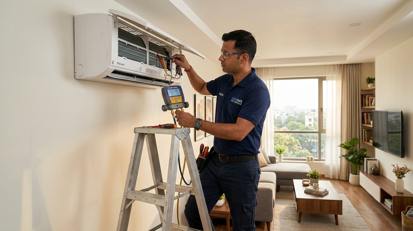 Technician servicing a split air conditioner in a modern home