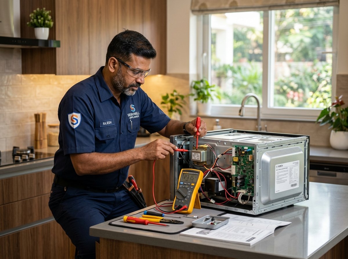 Technician inspecting microwave convection circuitry with tools