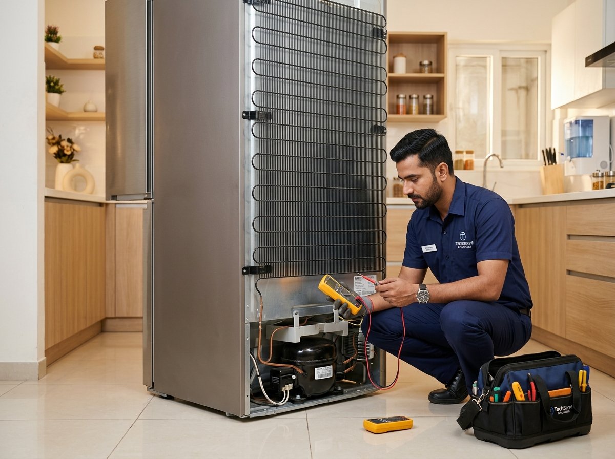 Technician checking refrigerator compressor and cooling coils