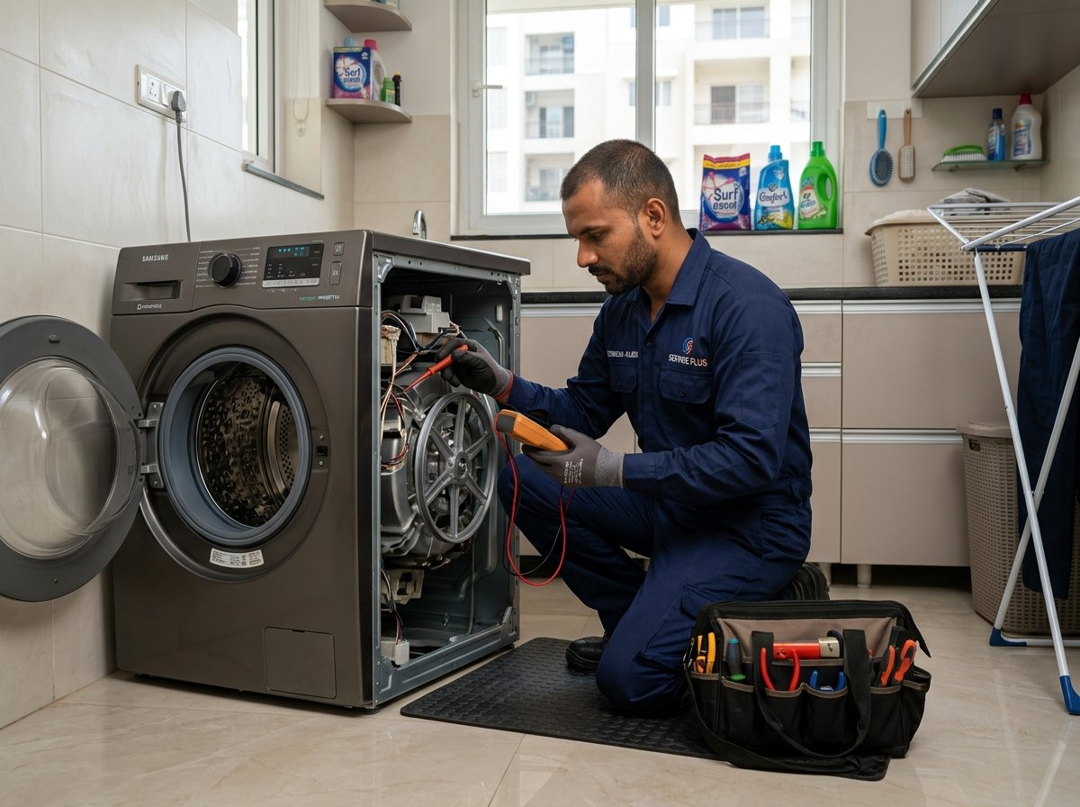 Technician troubleshooting front-load washing machine components